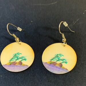 Hand-Painted Bonsai Disc Drop Earrings in Yellow & Teal Signed